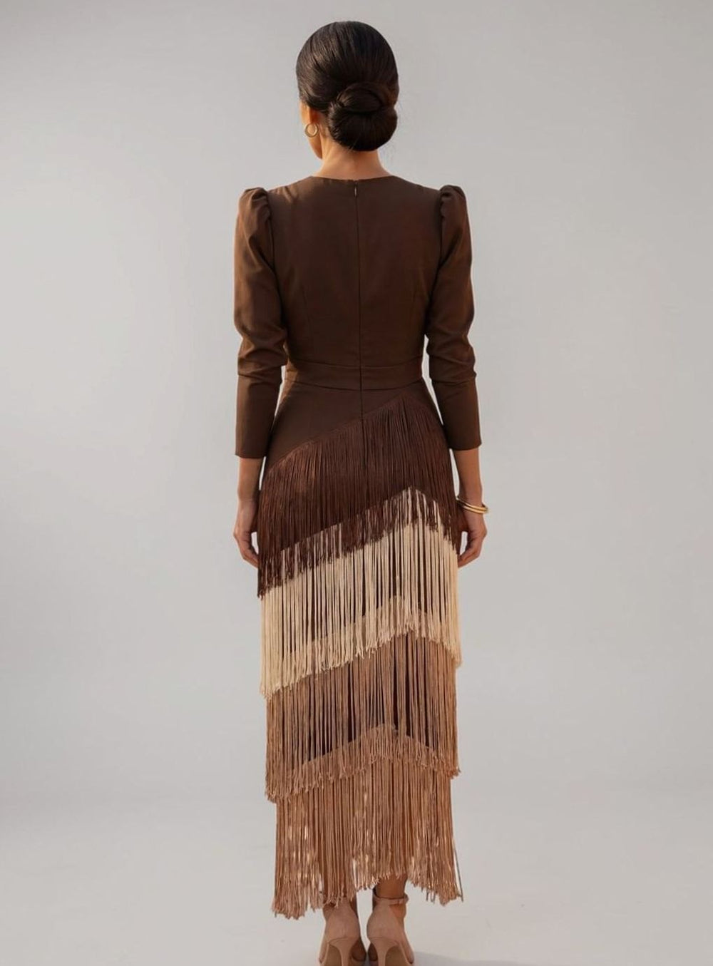 Women's Long Sleeve V-Neck Ombré Fringe Midi Dress