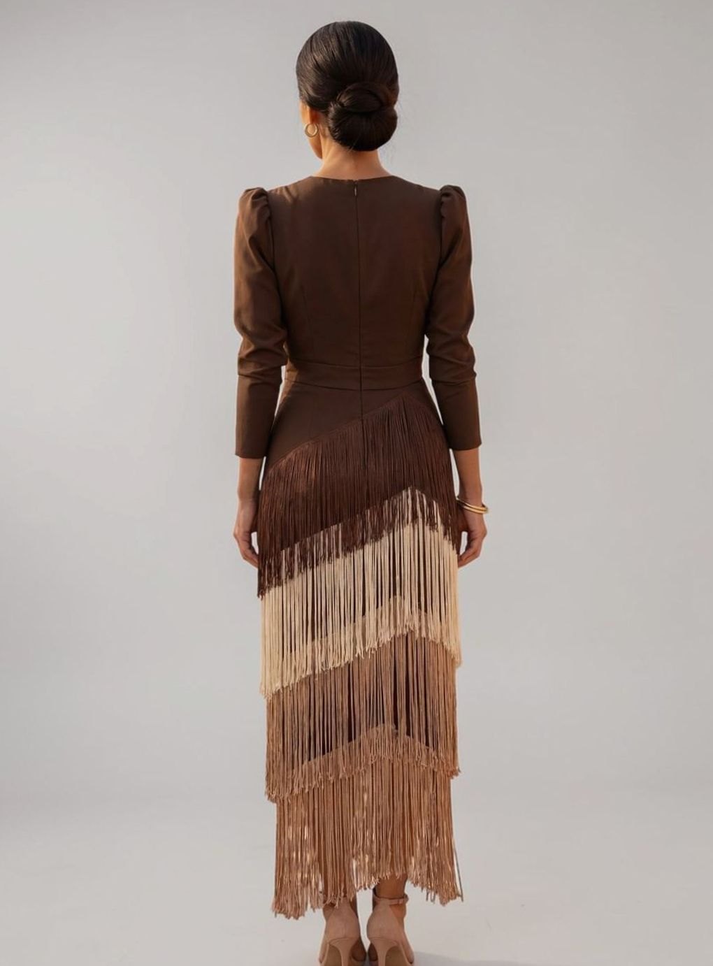 Women's Long Sleeve V-Neck Ombré Fringe Midi Dress