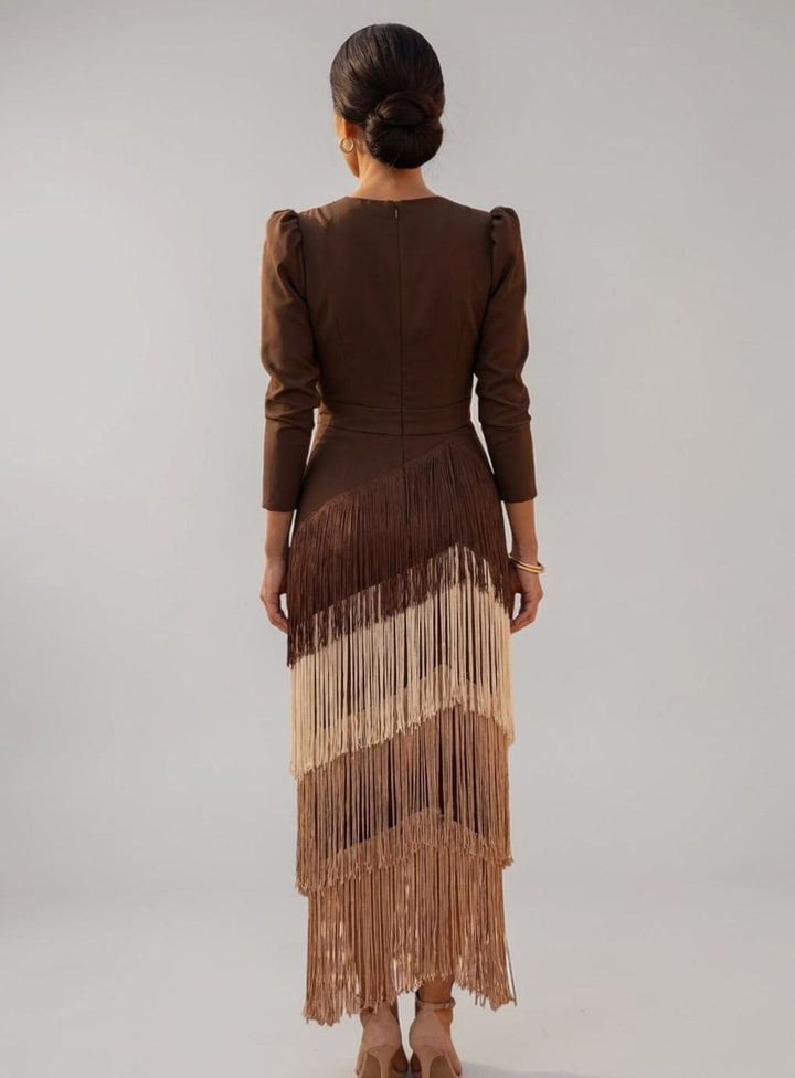 Women's Long Sleeve V-Neck Ombré Fringe Midi Dress