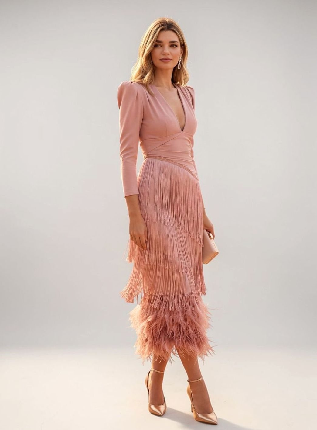 Women's Long Sleeve V-Neck Ombré Fringe Midi Dress - Pink