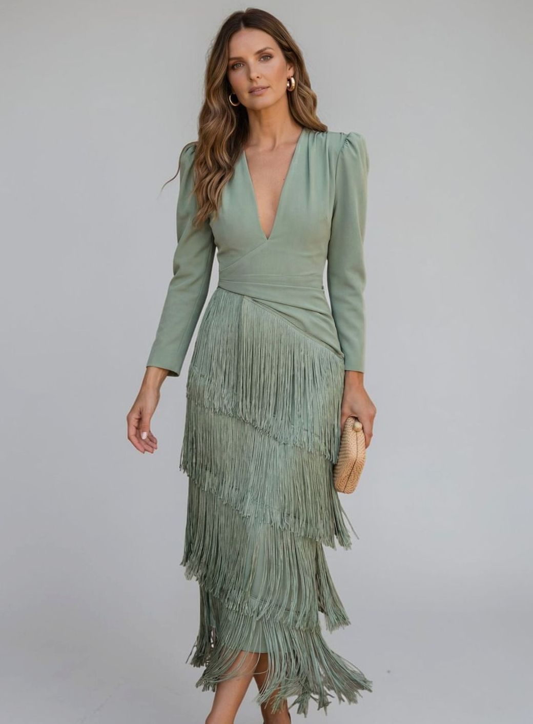Women's Long Sleeve V-Neck Ombré Fringe Midi Dress - Green