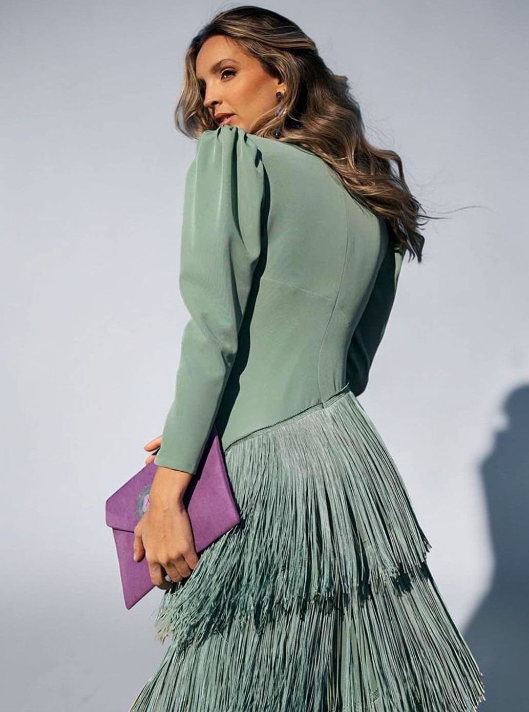 Women's Long Sleeve V-Neck Ombré Fringe Midi Dress