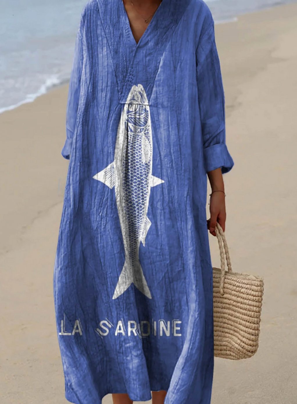 Women's Long Sleeve V-Neck Sardine Art Print Maxi Dress - Blue