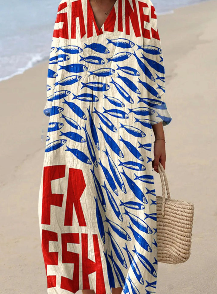 Women's Long Sleeve V-Neck Sardine Print Midi Dress - Multicolor