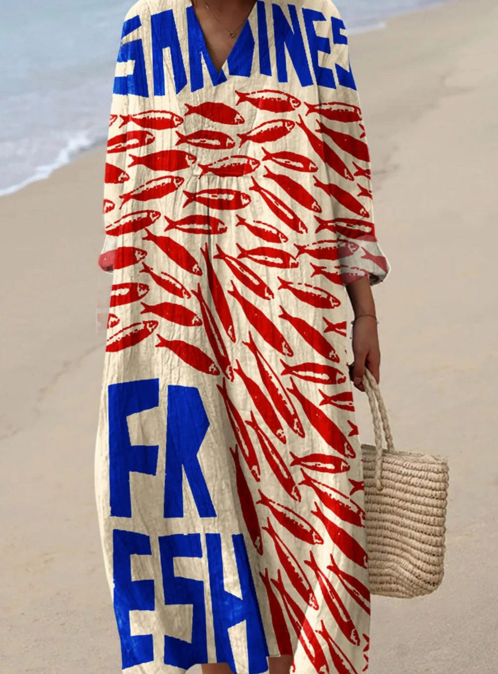 Women's Long Sleeve V-Neck Sardine Print Midi Dress - Blue