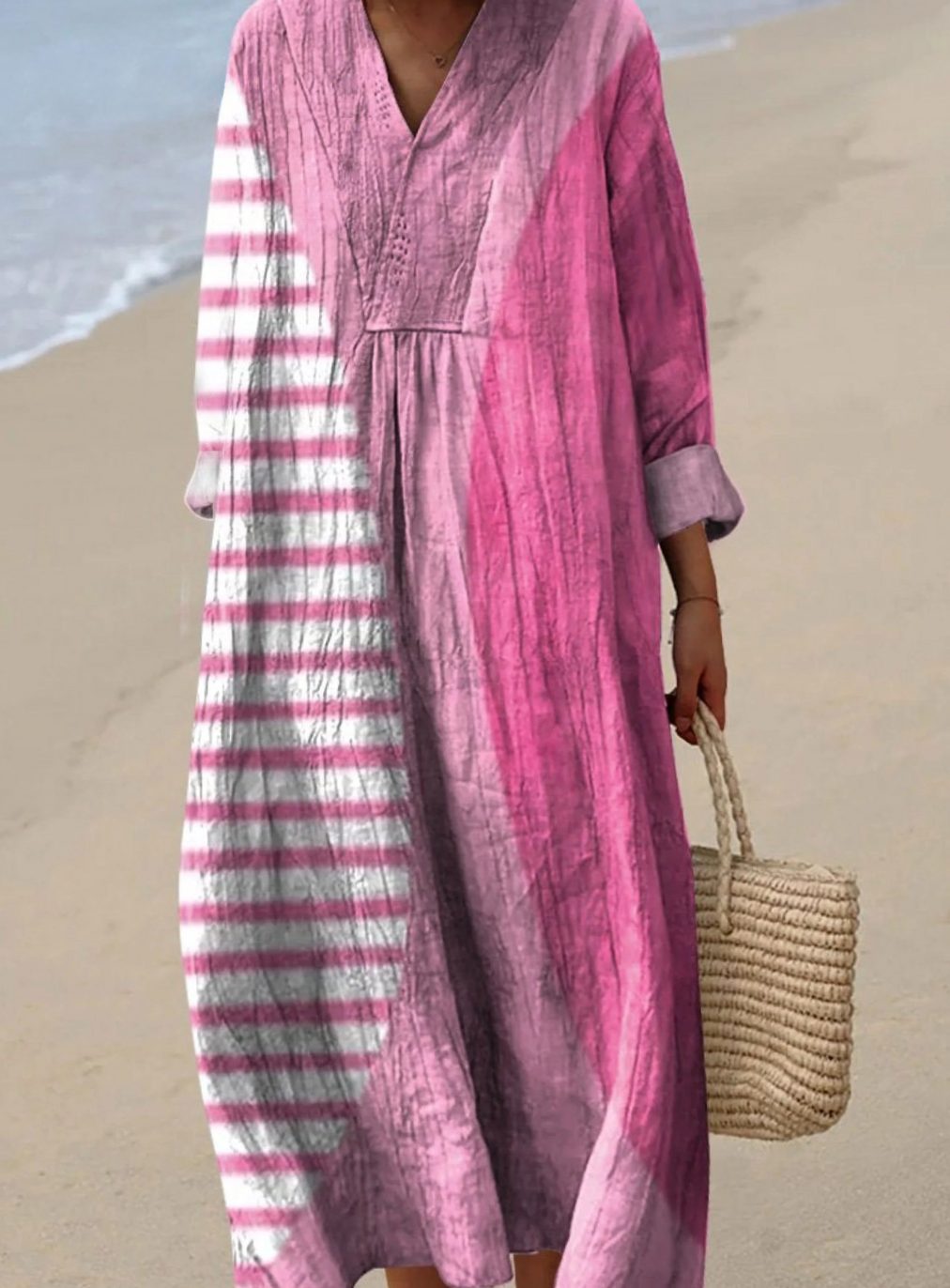Women's Long Sleeve V-Neck Striped Colorblock Maxi Dress - Multicolor