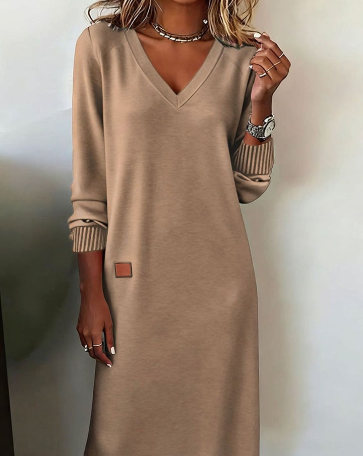 Women's Long Sleeve V-Neck Sweater Dress Midi Length - Khaki