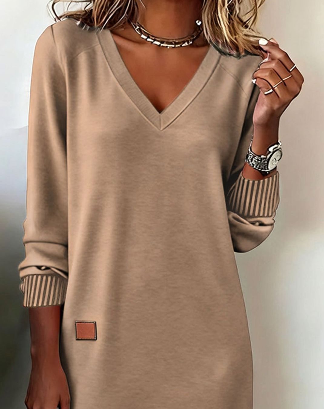 Women's Long Sleeve V-Neck Sweater Dress Midi Length