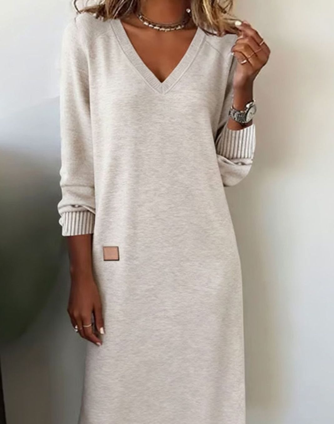 Women's Long Sleeve V-Neck Sweater Dress Midi Length - Beige