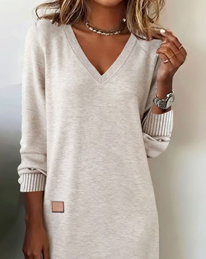 Women's Long Sleeve V-Neck Sweater Dress Midi Length