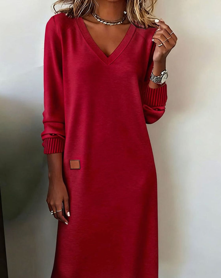 Women's Long Sleeve V-Neck Sweater Dress Midi Length - Red