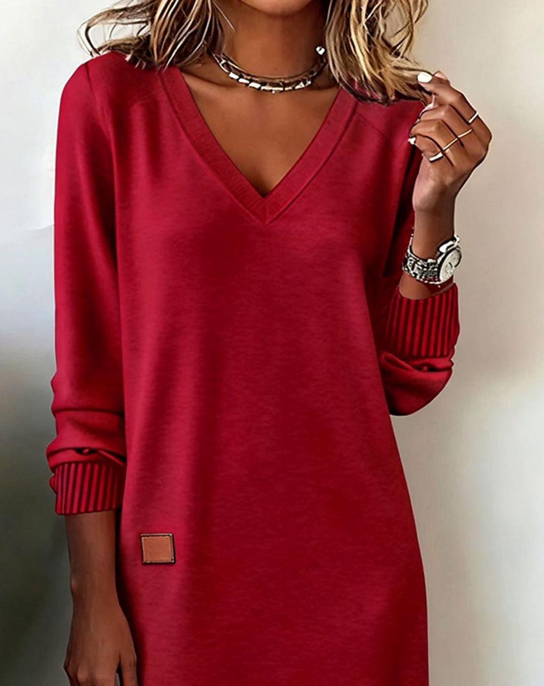 Women's Long Sleeve V-Neck Sweater Dress Midi Length