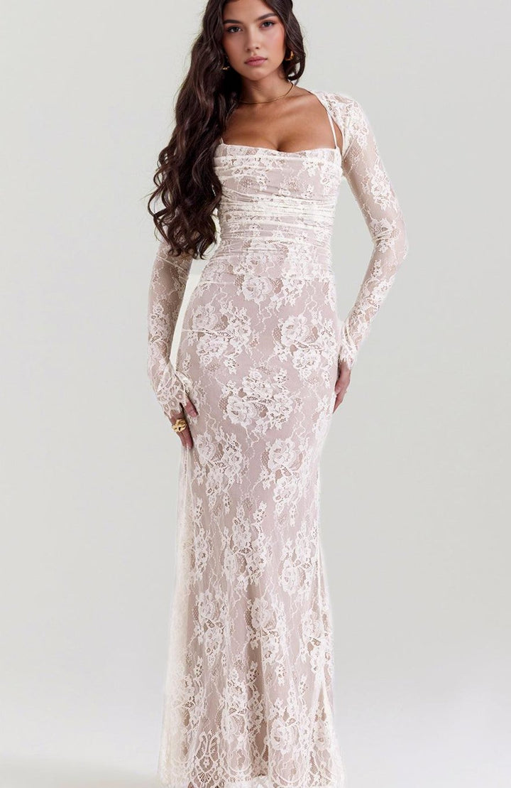 Women's Long Sleeve White Lace Maxi Dress Corseted Gown