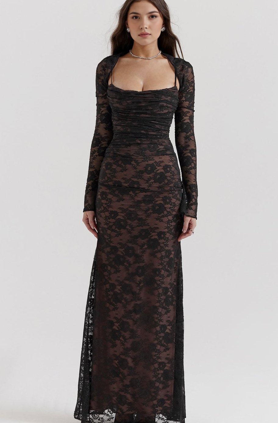 Women's Long Sleeve White Lace Maxi Dress Corseted Gown - Black