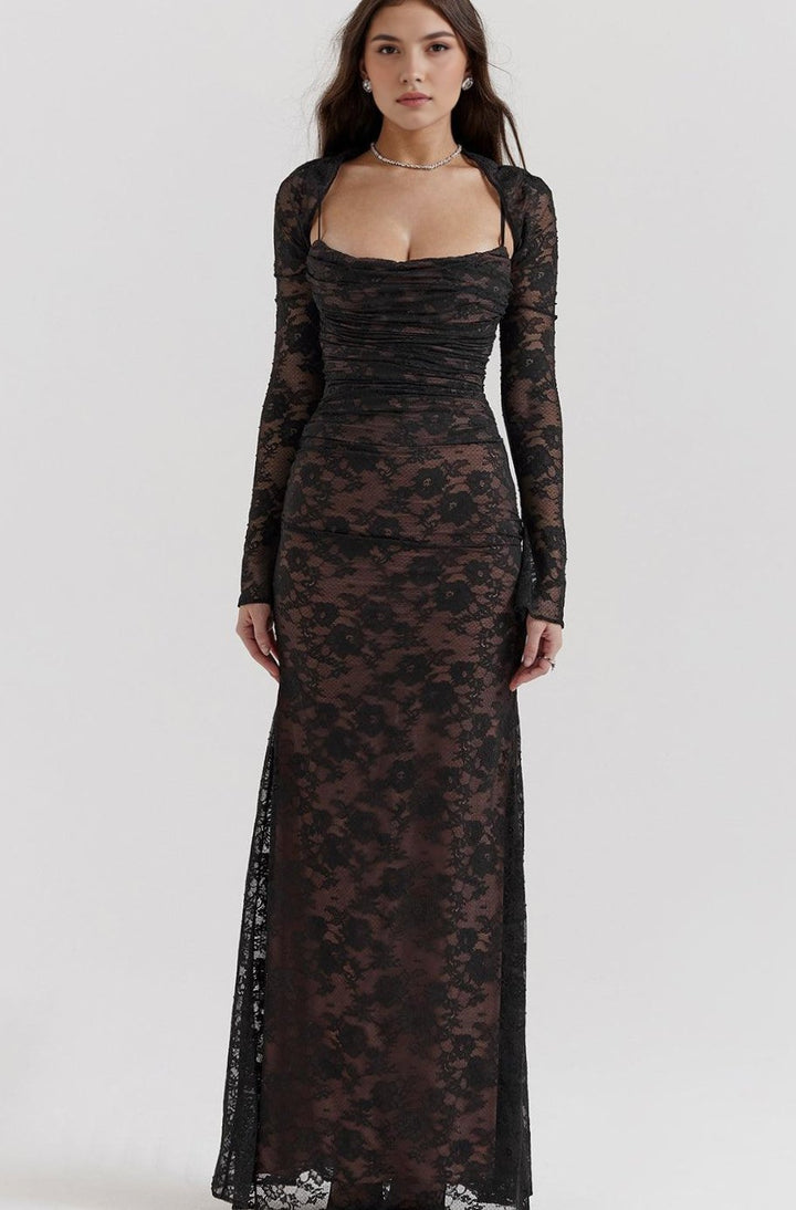 Women's Long Sleeve White Lace Maxi Dress Corseted Gown - Black