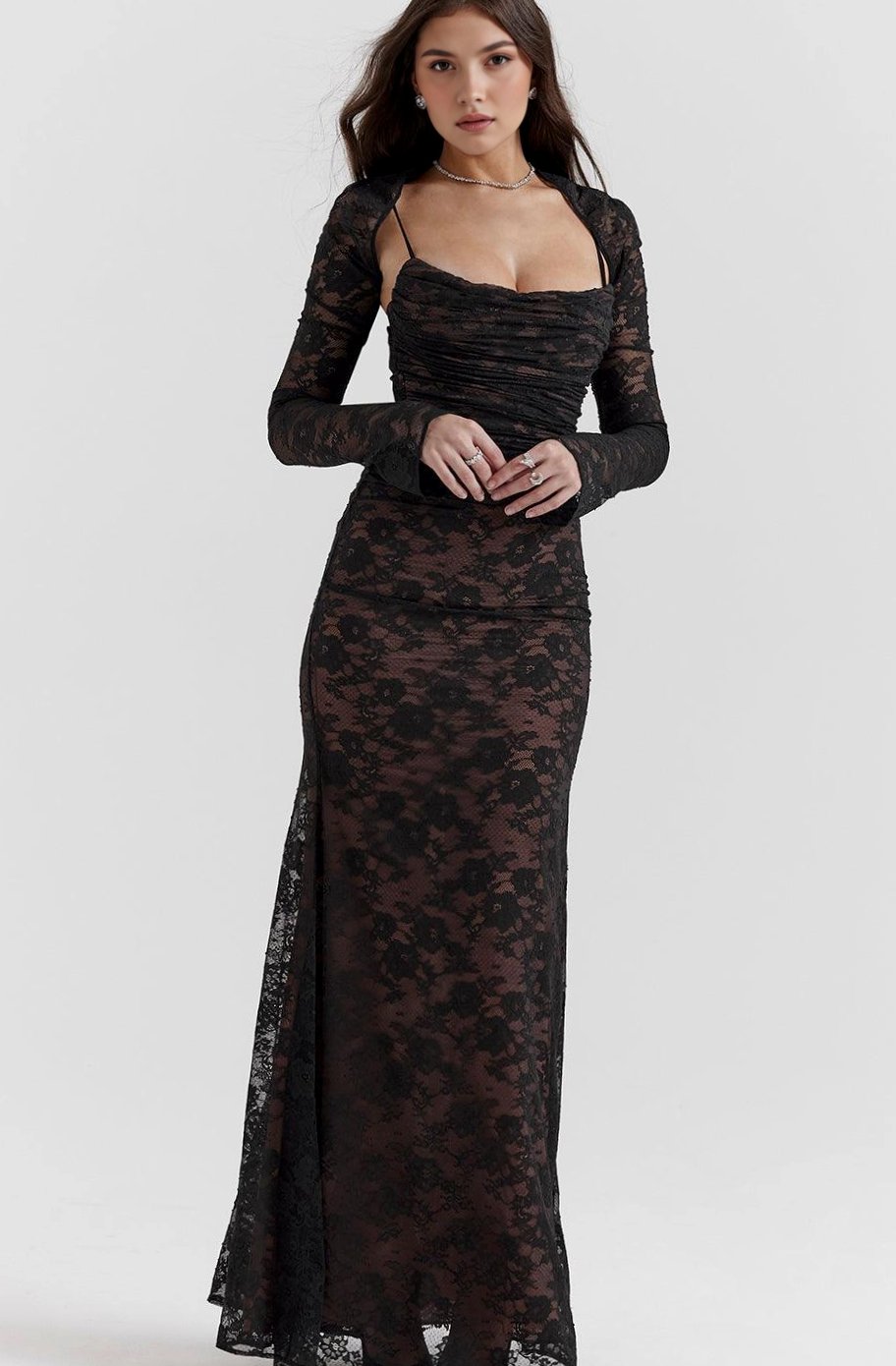 Women's Long Sleeve White Lace Maxi Dress Corseted Gown