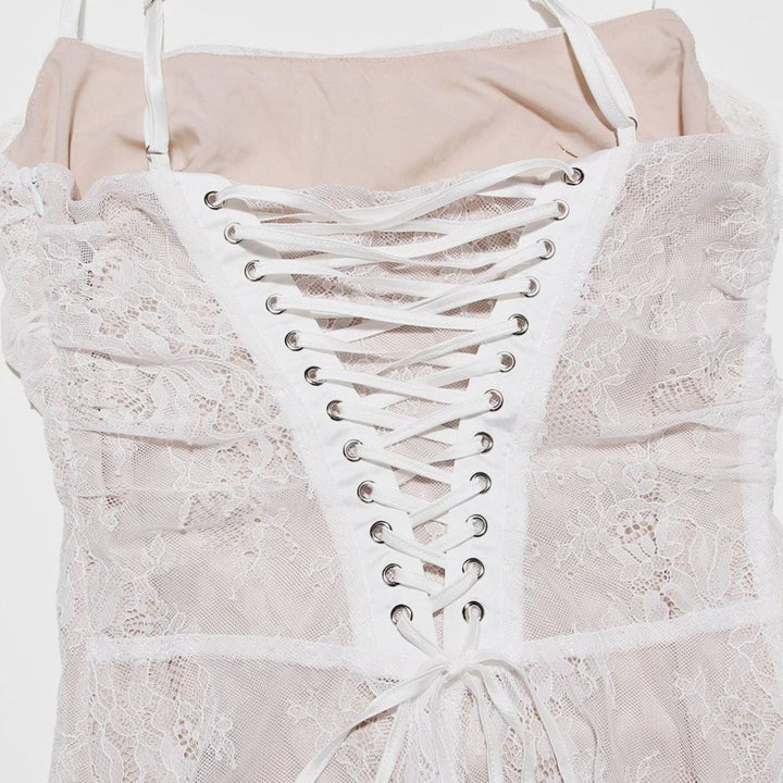 Women's Long Sleeve White Lace Maxi Dress Corseted Gown