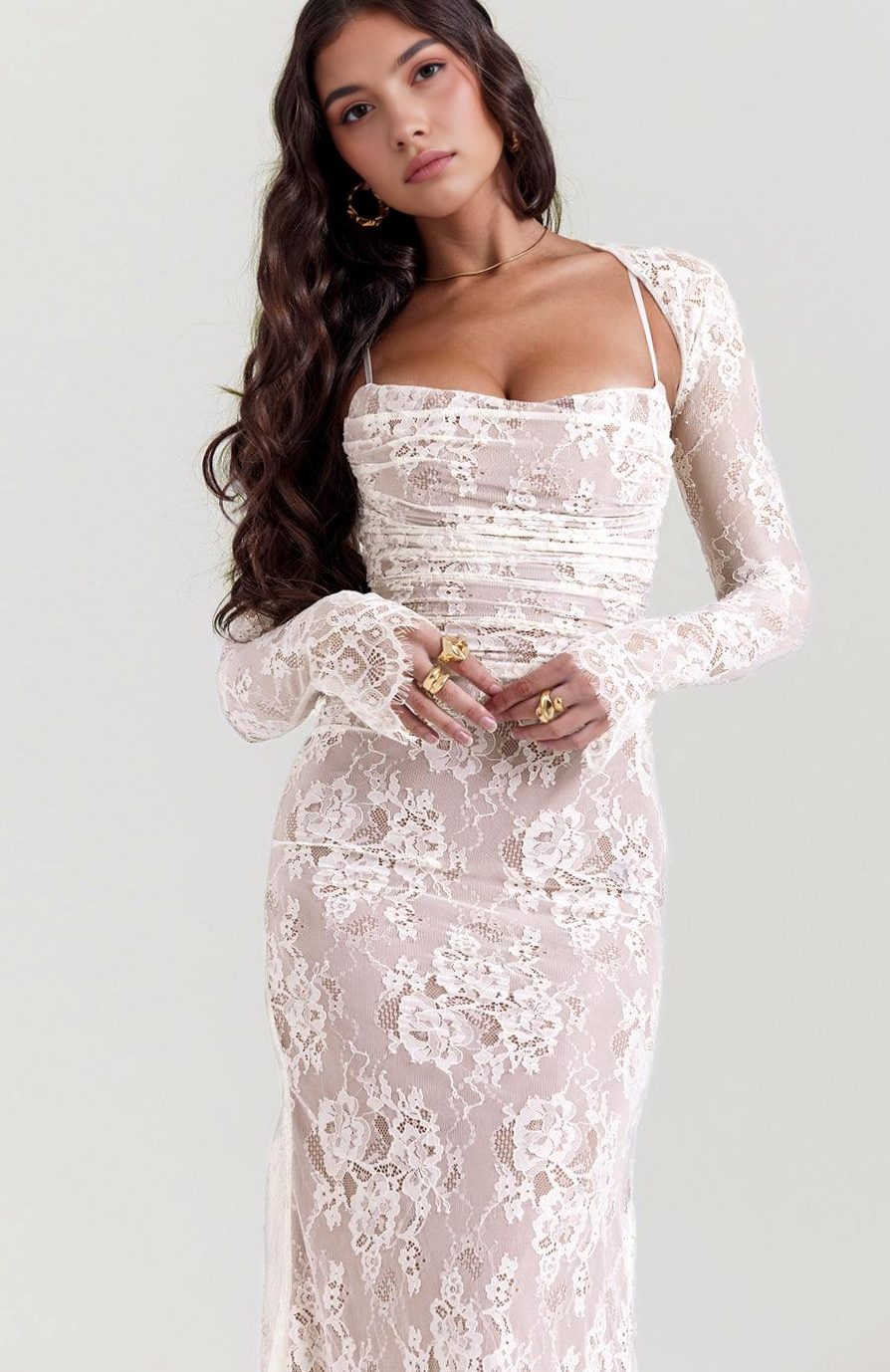 Women's Long Sleeve White Lace Maxi Dress Corseted Gown