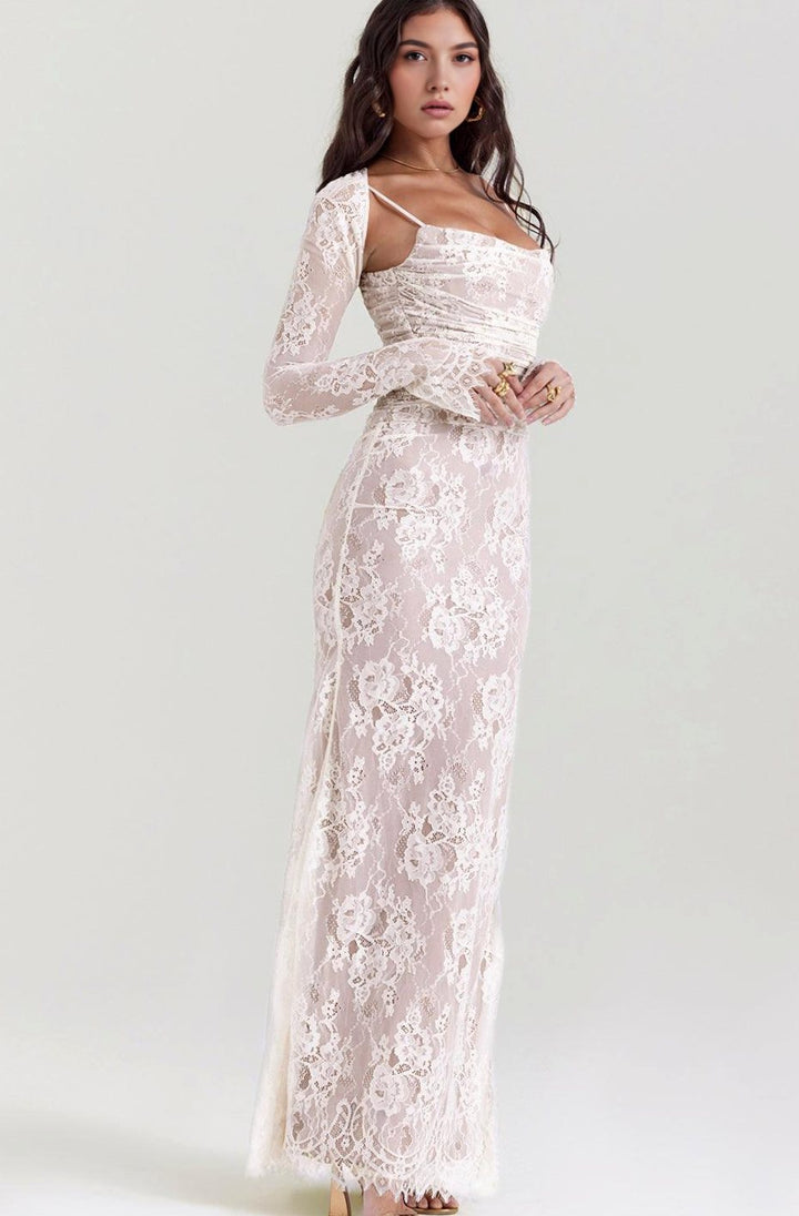 Women's Long Sleeve White Lace Maxi Dress Corseted Gown
