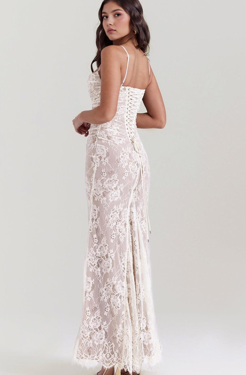 Women's Long Sleeve White Lace Maxi Dress Corseted Gown