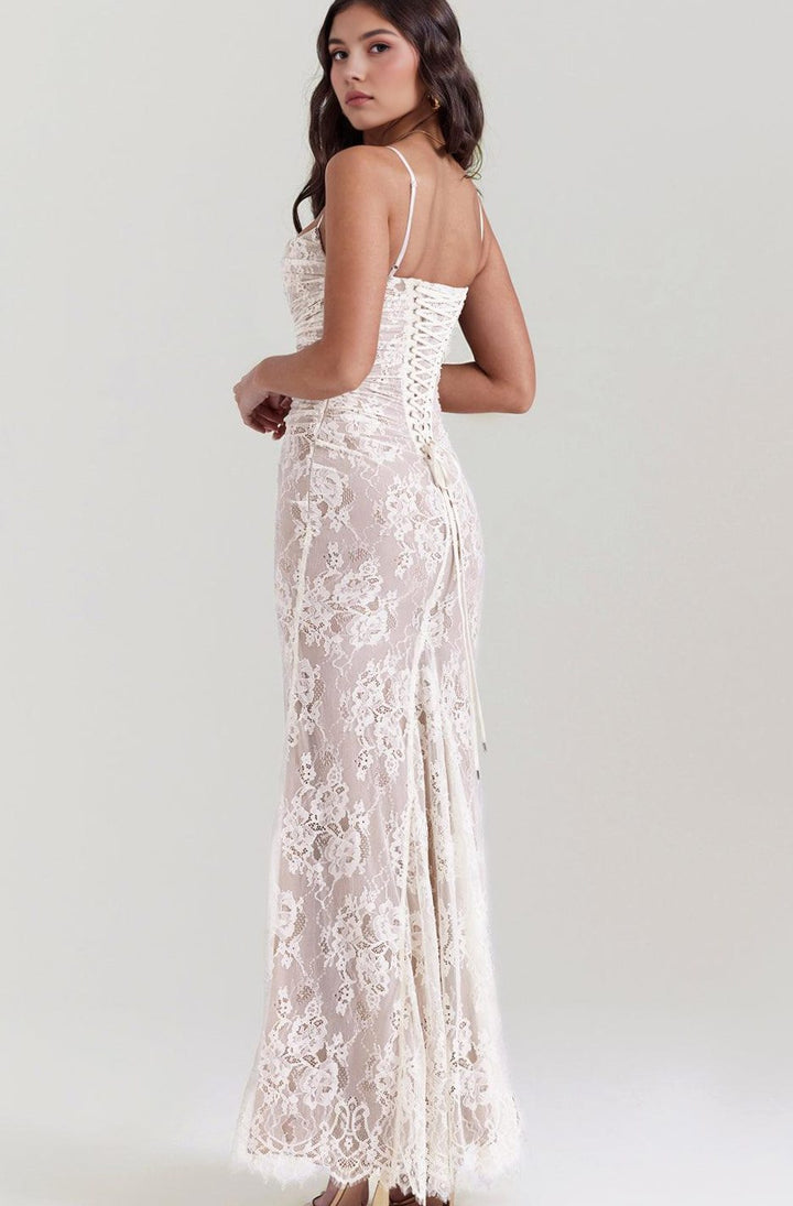 Women's Long Sleeve White Lace Maxi Dress Corseted Gown