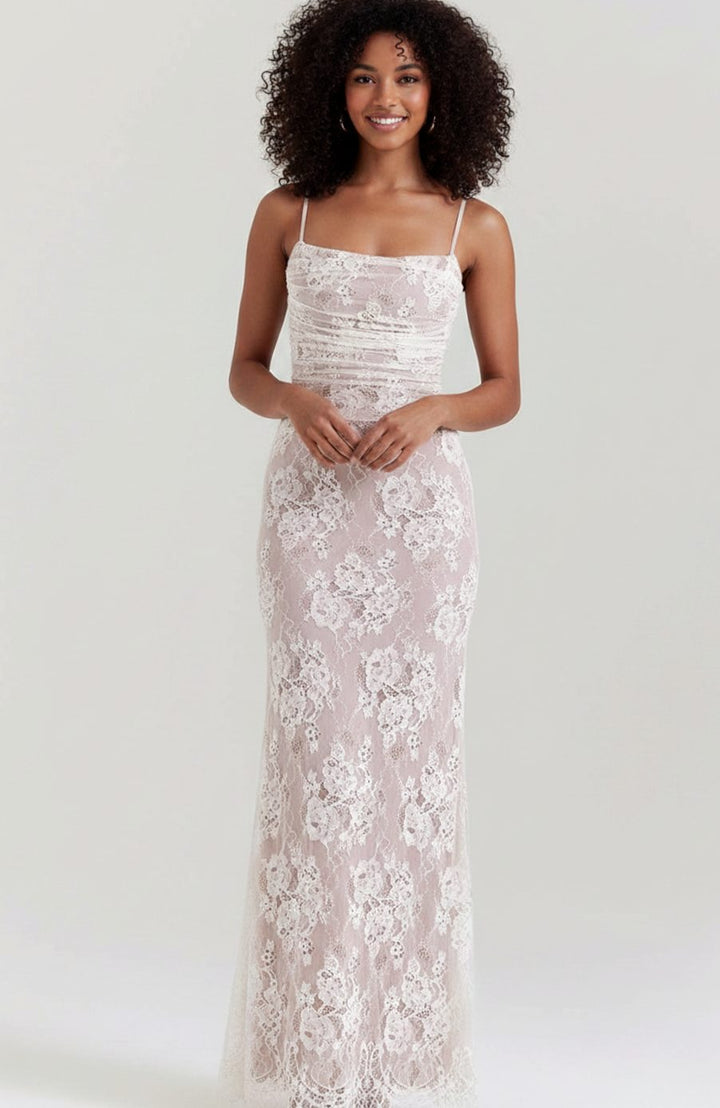 Women's Long Sleeve White Lace Maxi Dress Corseted Gown - White