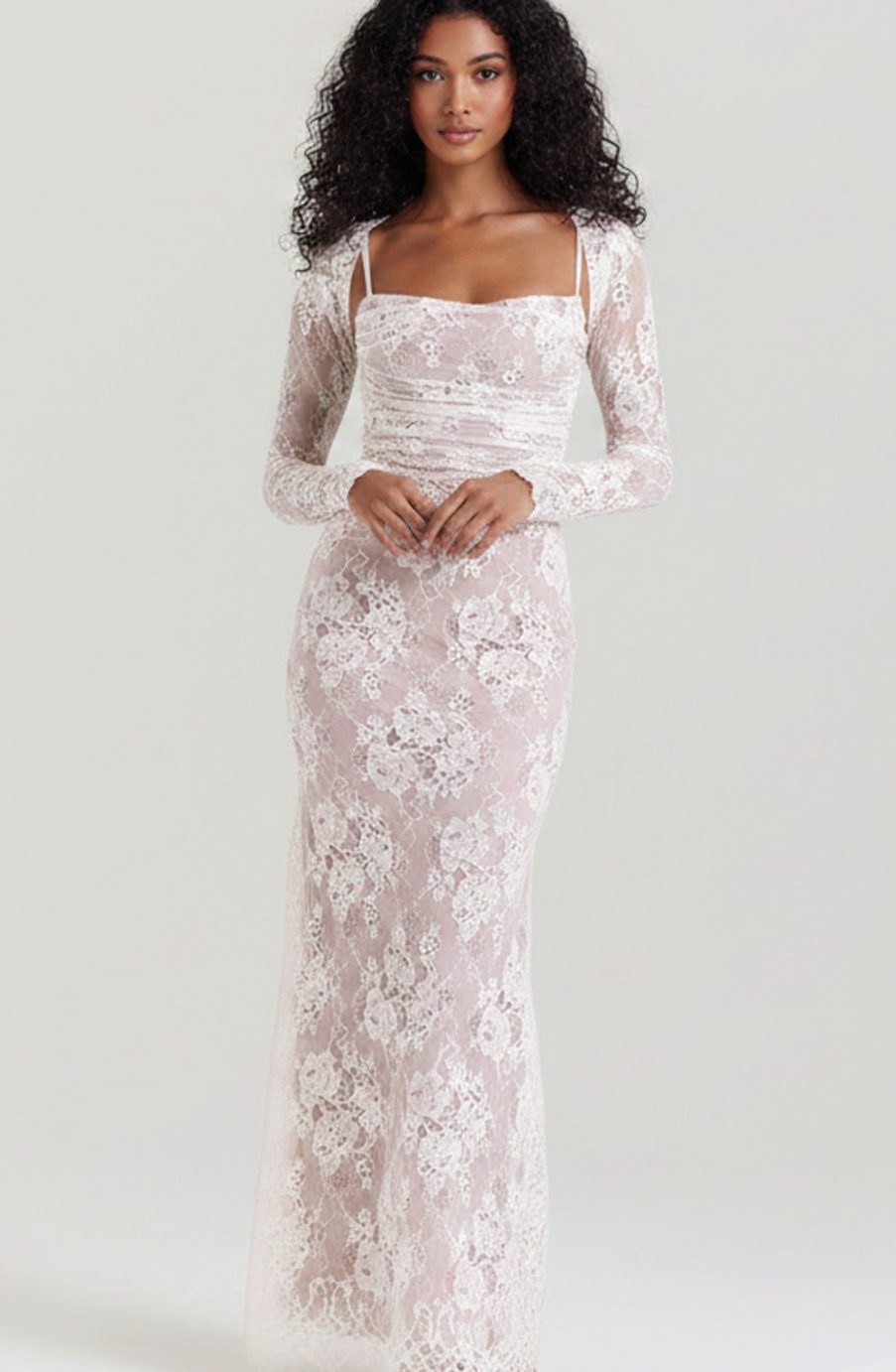 Women's Long Sleeve White Lace Maxi Dress Corseted Gown