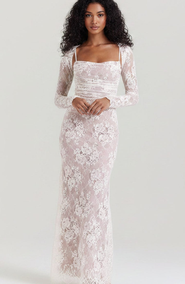 Women's Long Sleeve White Lace Maxi Dress Corseted Gown