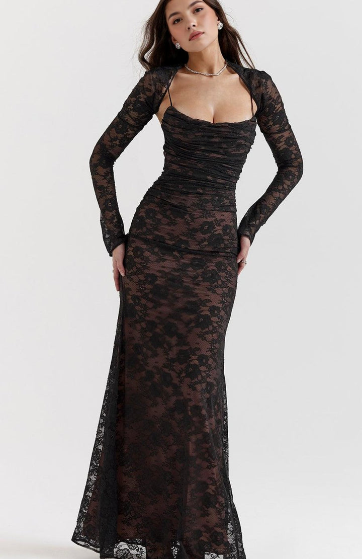 Women's Long Sleeve White Lace Maxi Dress Corseted Gown