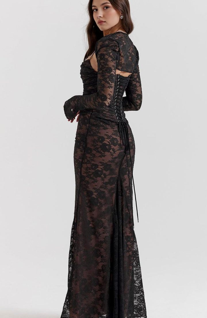 Women's Long Sleeve White Lace Maxi Dress Corseted Gown