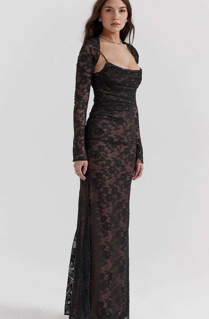 Women's Long Sleeve White Lace Maxi Dress Corseted Gown