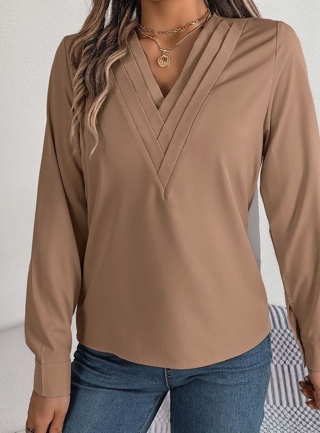 Women's Long Sleeve Wrap-Front V-Neck Blouse