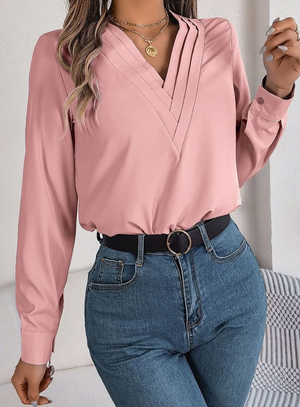 Women's Long Sleeve Wrap-Front V-Neck Blouse - Pink