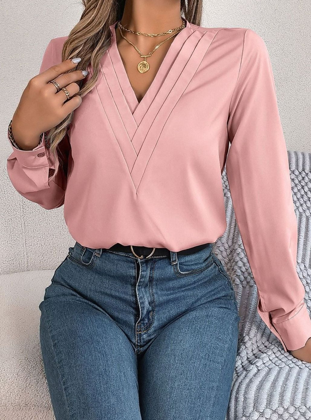 Women's Long Sleeve Wrap-Front V-Neck Blouse