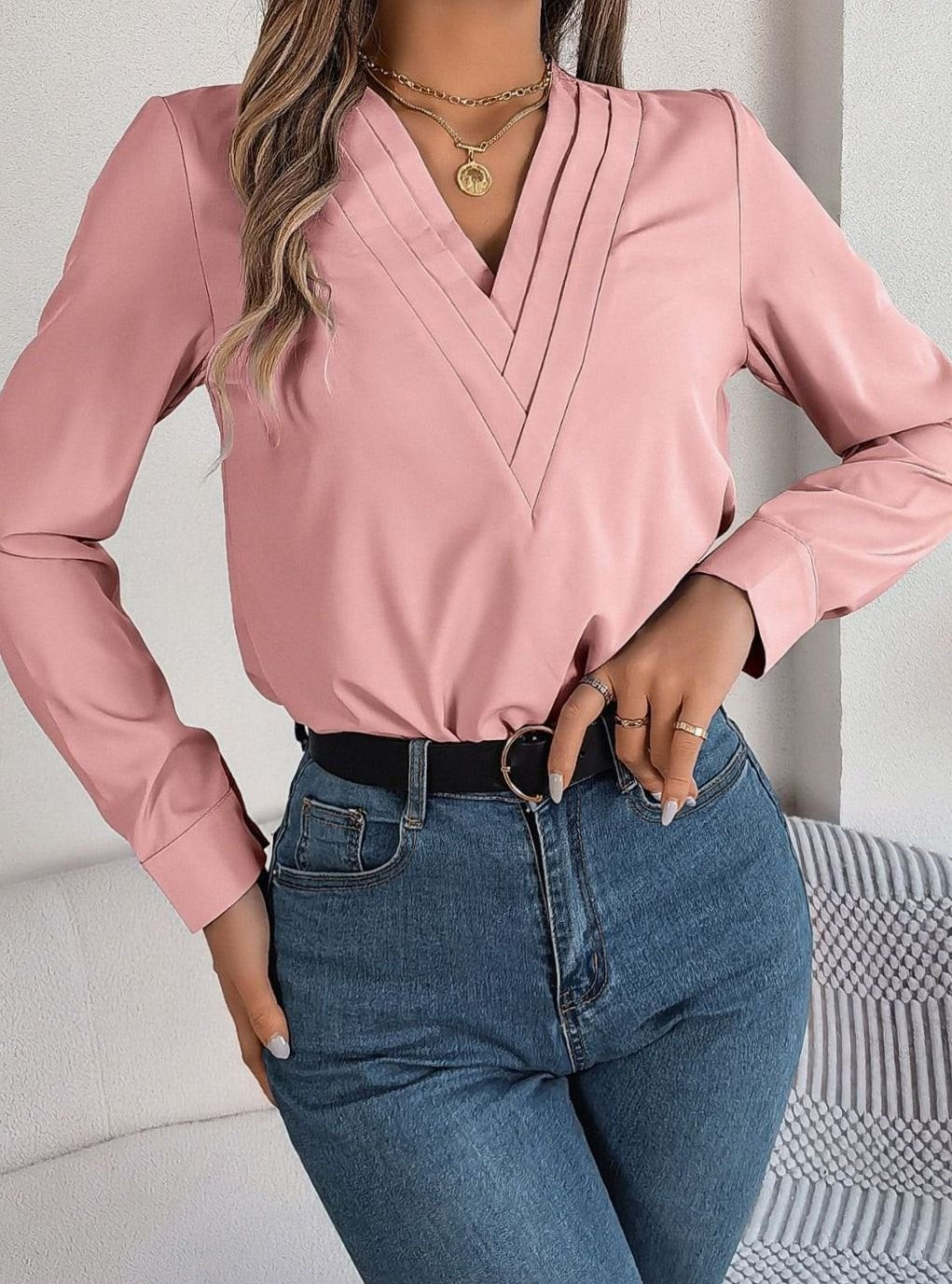 Women's Long Sleeve Wrap-Front V-Neck Blouse