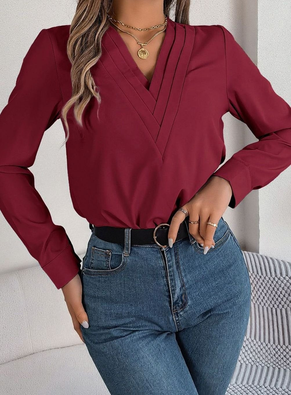 Women's Long Sleeve Wrap-Front V-Neck Blouse - Red