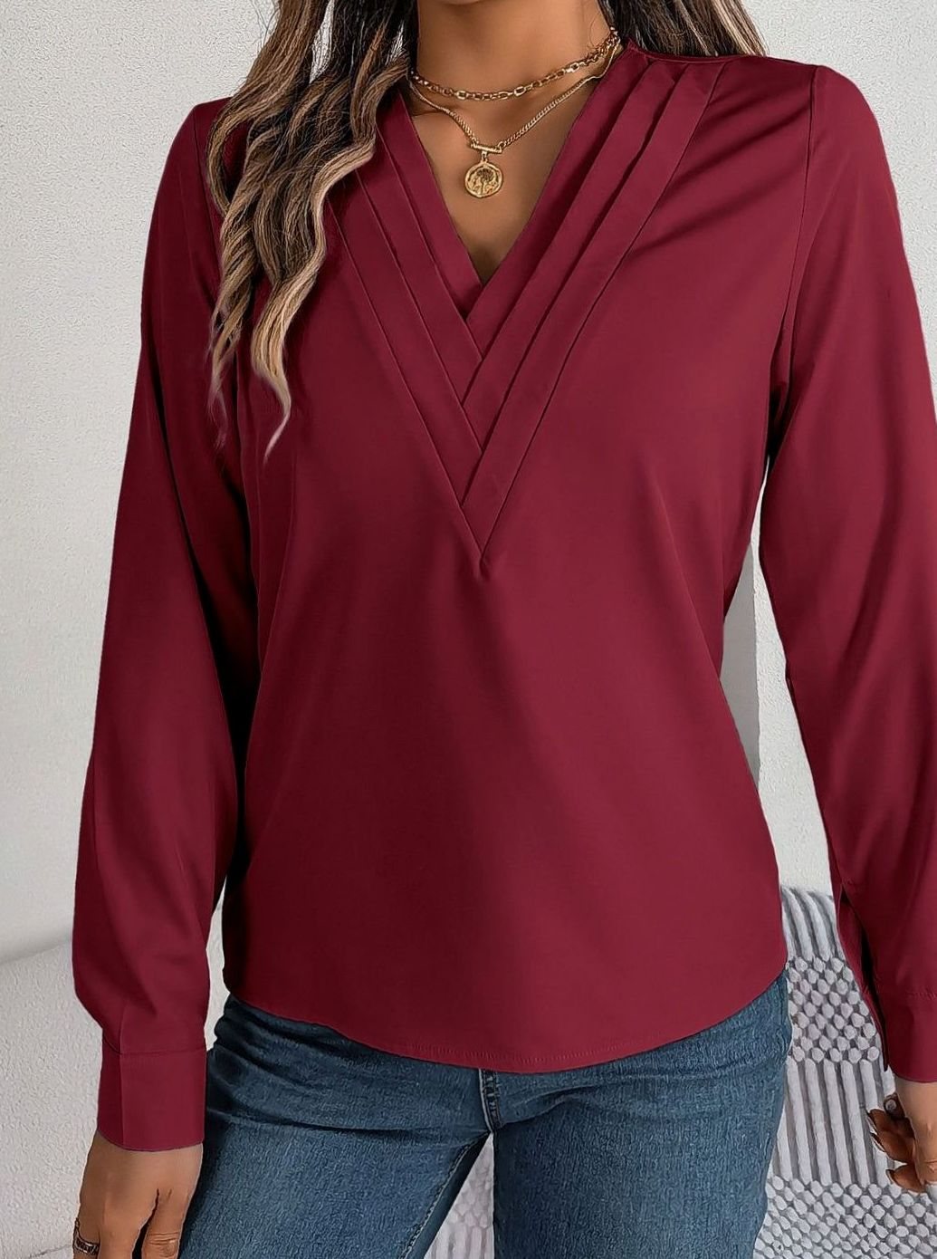 Women's Long Sleeve Wrap-Front V-Neck Blouse