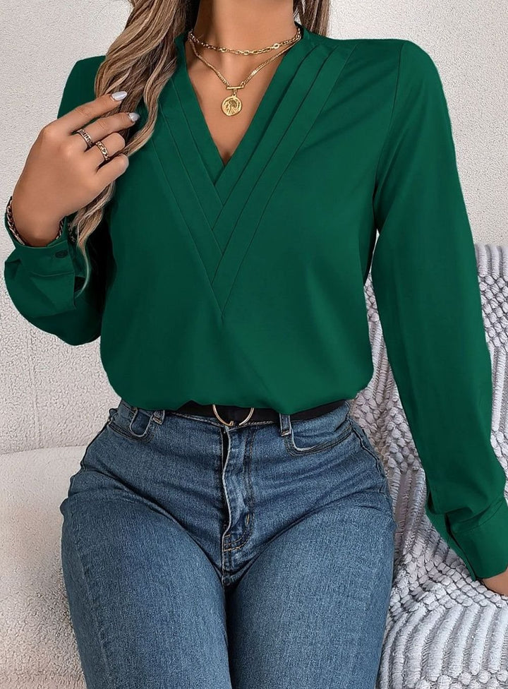 Women's Long Sleeve Wrap-Front V-Neck Blouse - Dark Green