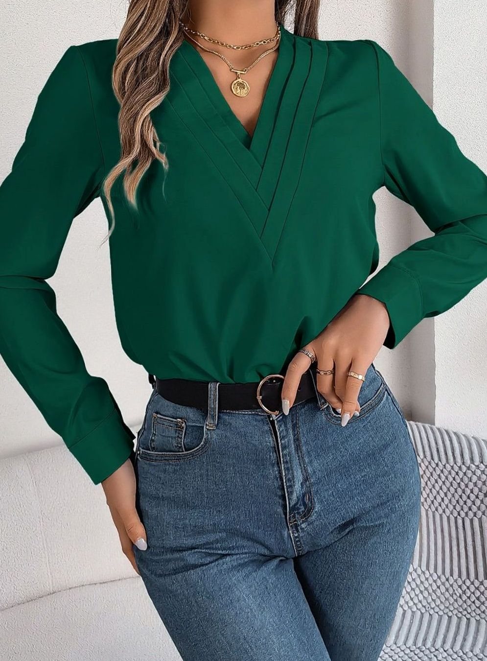 Women's Long Sleeve Wrap-Front V-Neck Blouse