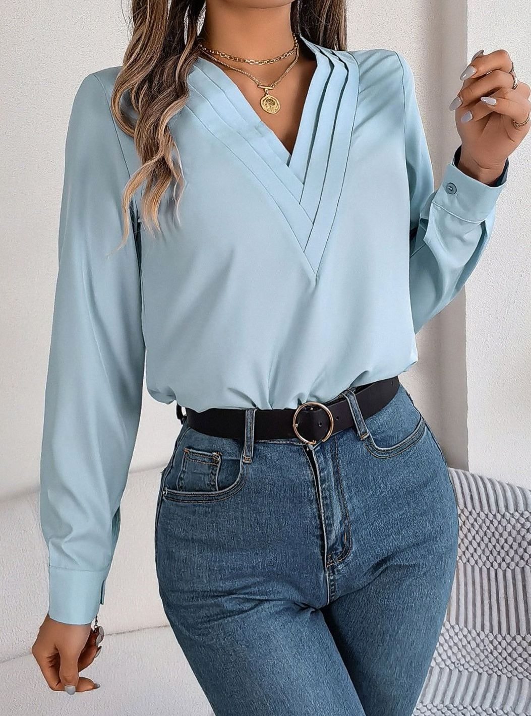 Women's Long Sleeve Wrap-Front V-Neck Blouse - Light Blue