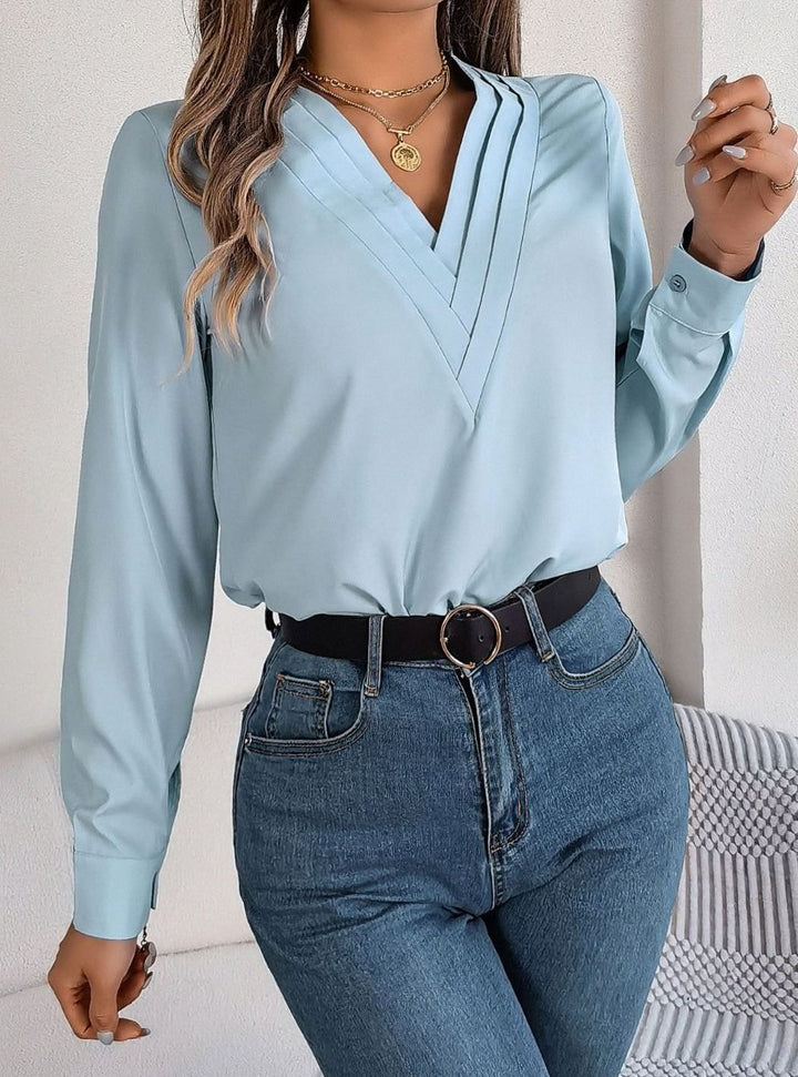 Women's Long Sleeve Wrap-Front V-Neck Blouse - Light Blue