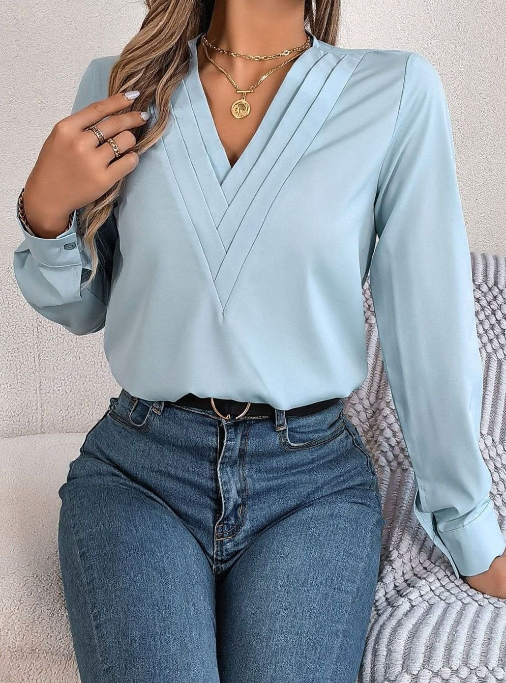 Women's Long Sleeve Wrap-Front V-Neck Blouse