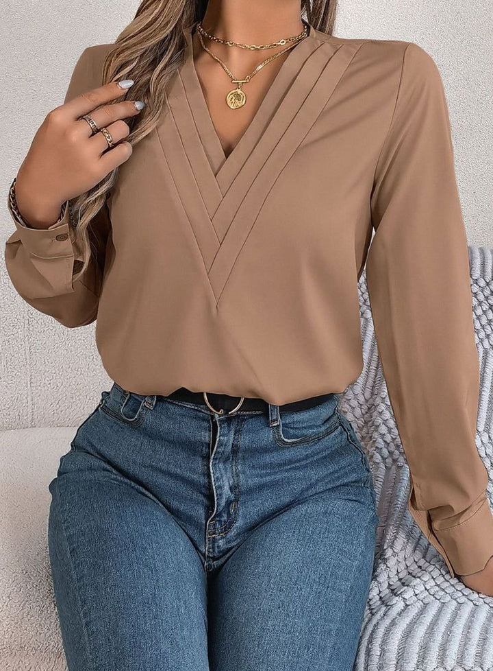 Women's Long Sleeve Wrap-Front V-Neck Blouse - Beige