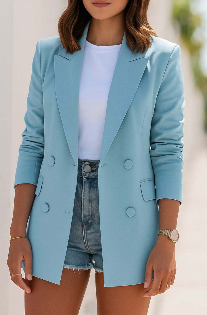 Women's Longline Double-Breasted Tailored Blazer - Blue
