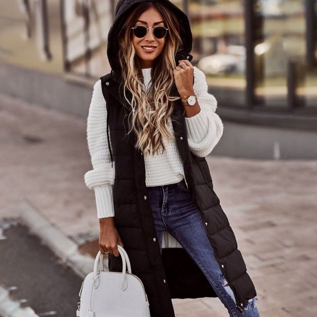 Women's Longline Hooded Quilted Puffer Vest - Black
