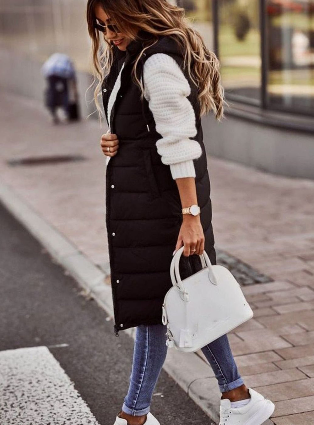 Women's Longline Hooded Quilted Puffer Vest