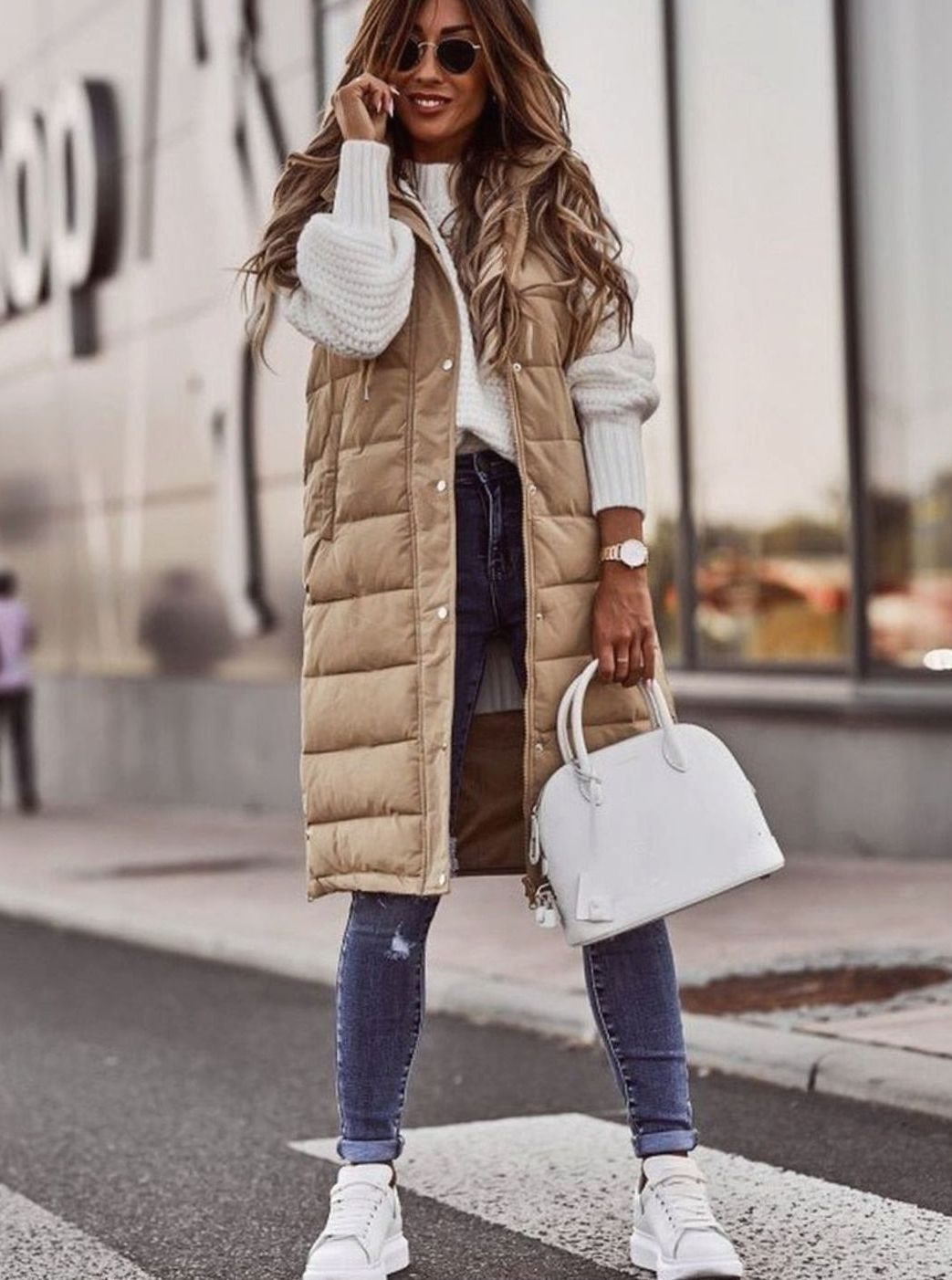 Women's Longline Hooded Quilted Puffer Vest - Beige