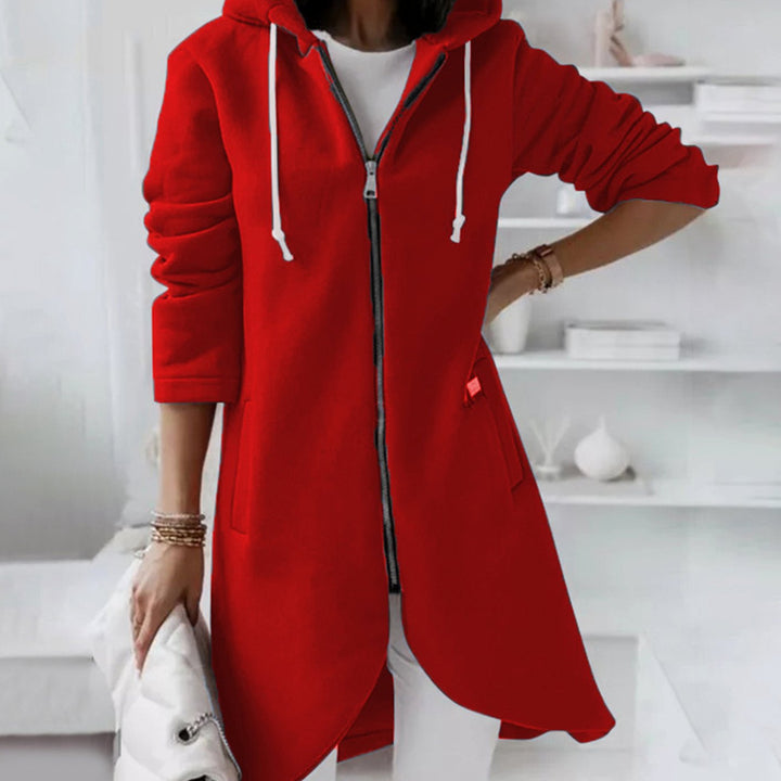 Women's Longline Hooded Zip-Up A-Line Jacket - Red