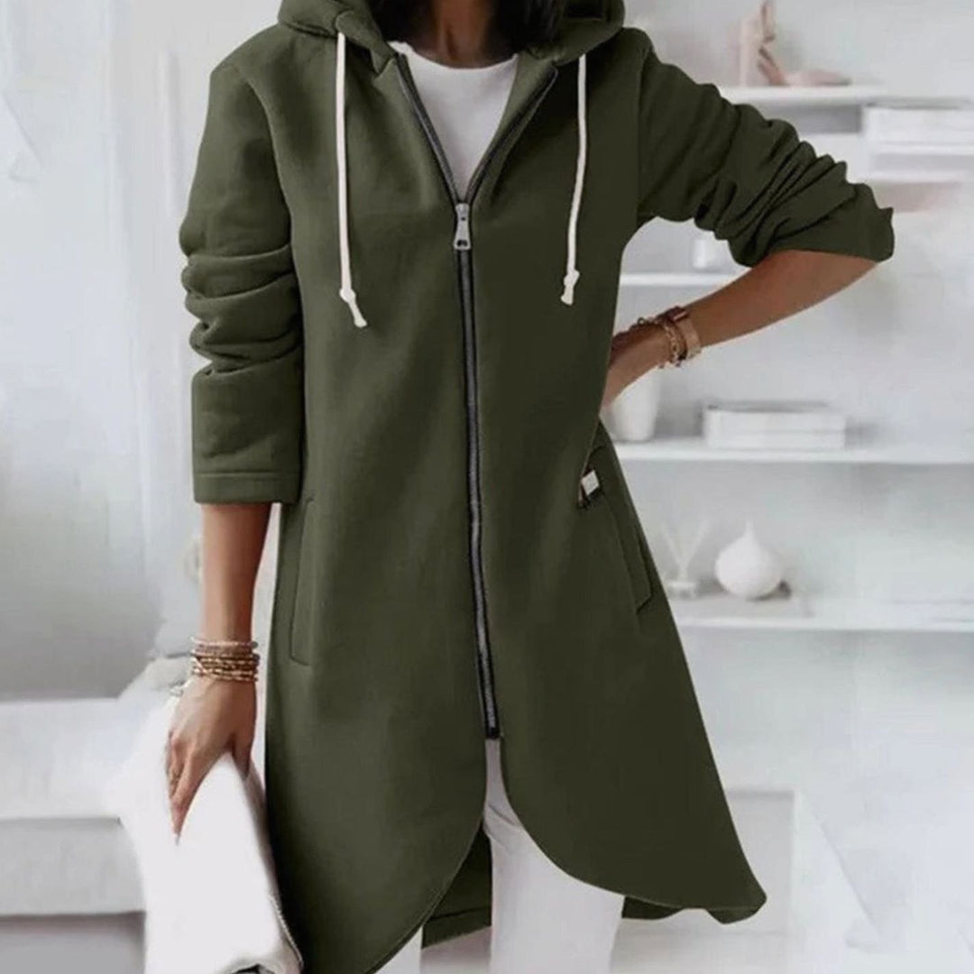 Women's Longline Hooded Zip-Up A-Line Jacket - Green