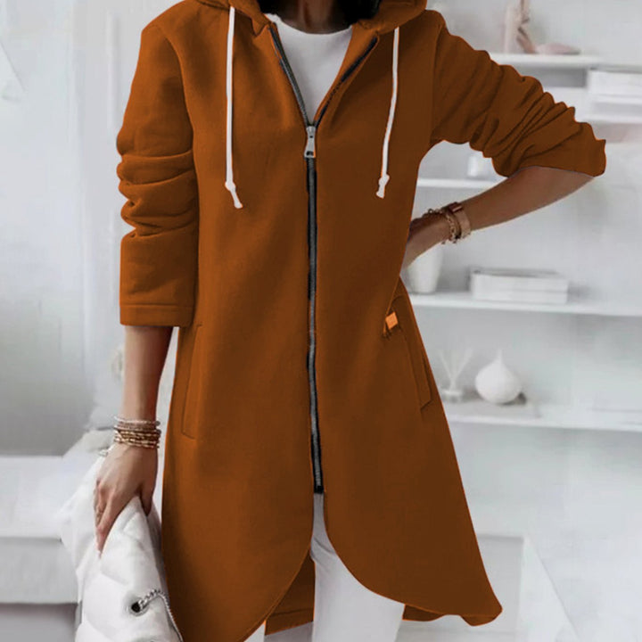 Women's Longline Hooded Zip-Up A-Line Jacket - Coffee